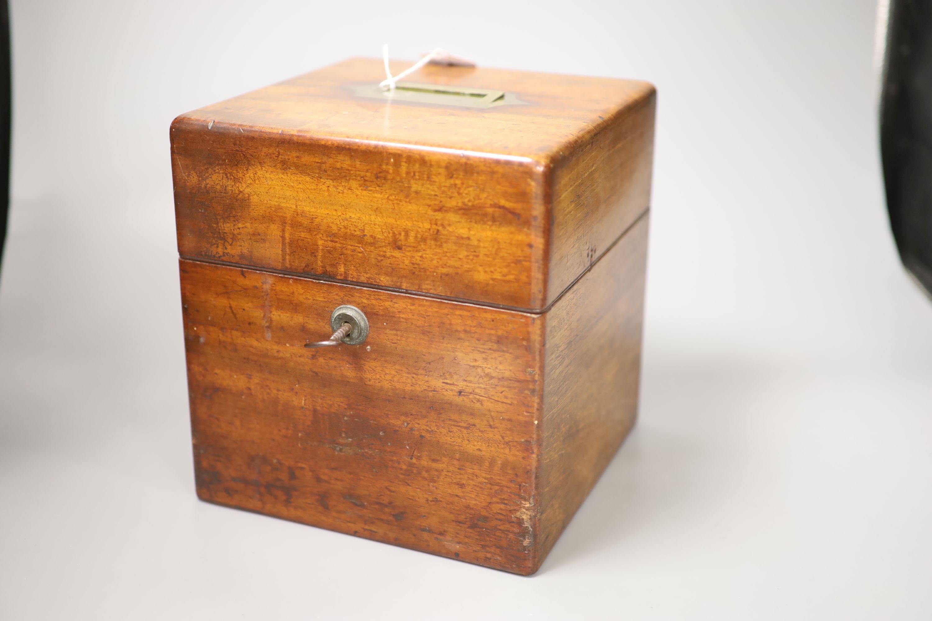 A mahogany cased decanter box and three decanters, height 23cm